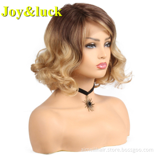 Wholesale Price Ladies Hair Daily Wear Natural Waves Lacefront Synthetic Wigs Black Color Short Curly Middle Part Women Hair Wig